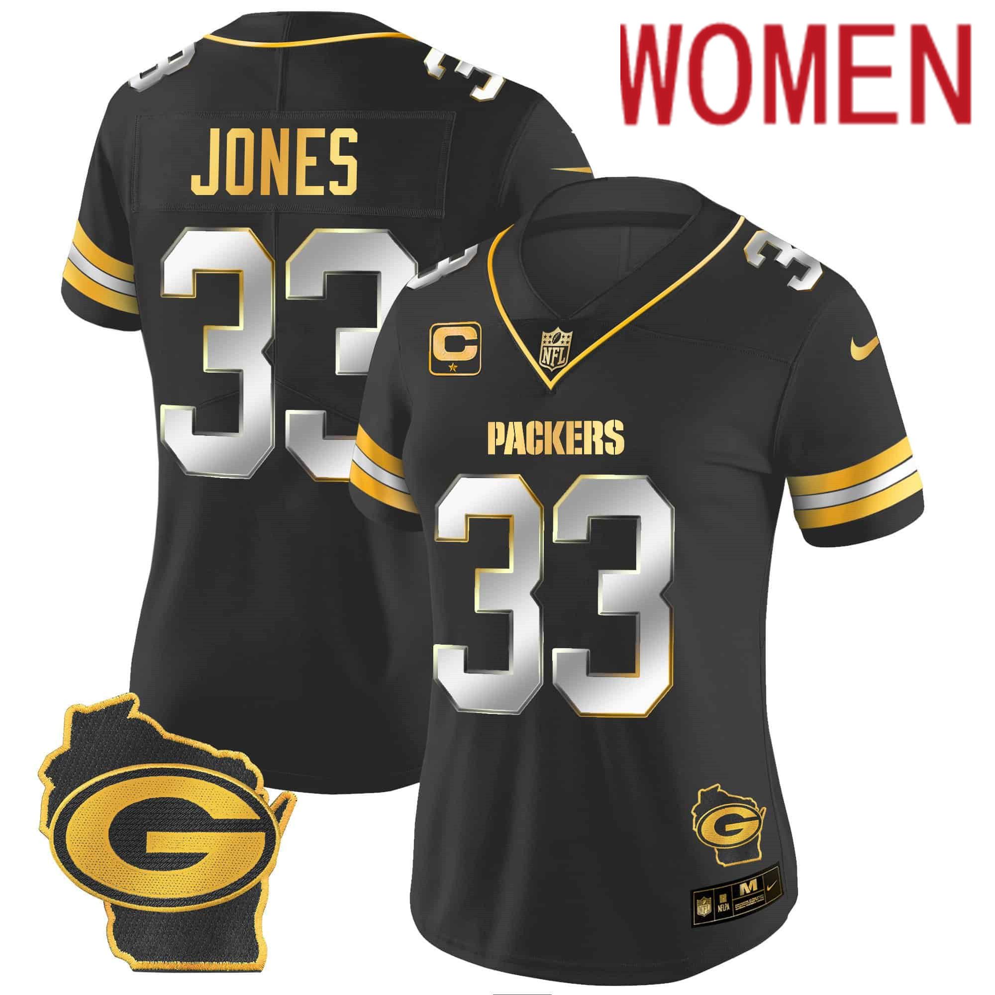 Women Green Bay Packers #33 Jones Black Gold 2024 Nike Home Patch Vapor NFL Jersey style 1